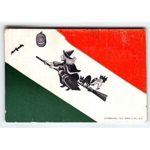 1905 Halloween Witch on Broomstick Black Cat Vintage Undivided Back Postcard